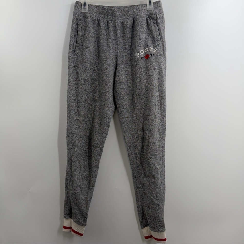 Roots Canada Cabin Jogger Sweatpants S Gray Fleece Maple Leaf Stripe Cuff
